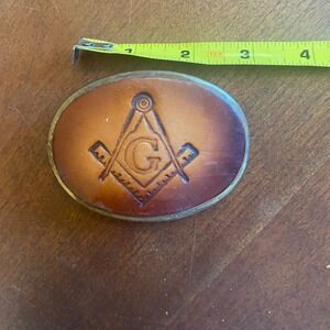 Vintage Freemason Leather Belt Buckle Brown Oval Square and Compass Masonic G